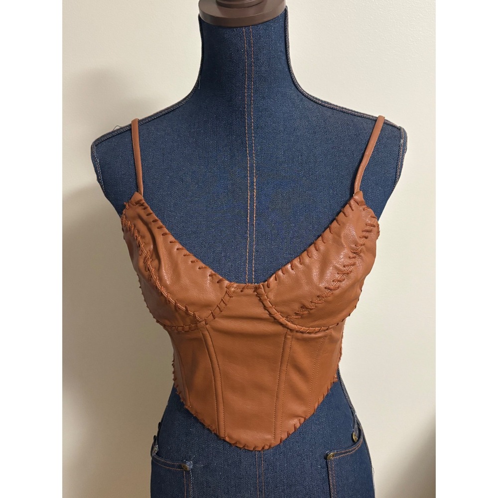 Windsor Brown Faux Leather Whipstitch Corset Top Small Costume Western Crop